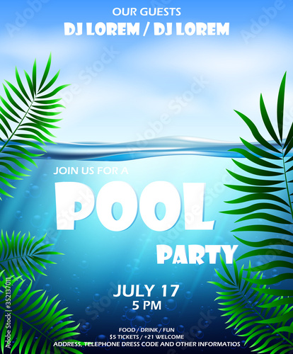 Pool party invitation. Pool party poster with Water and palm inflatable