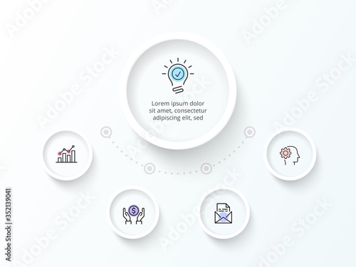 White infographic design template. Flowchart with four circle elements. Concept of 5 steps of business strategy. Clean vector illustration for presentation