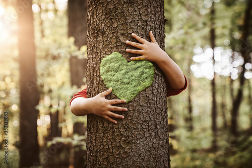 Canvas Print Nature lover, close up of child hands hugging tree with copy space