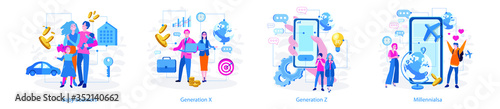 Millennials, Generation Z, Baby boomers, Generation X . Vector illustration for web banner, infographics, mobile.  photo