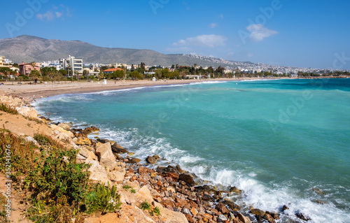 Panoramic view of Piraeus yacht port touristic quarter with Votsalakia and Riviera beach at Saronic Gulf of Aegean sea in broad metropolitan Athens area of Greece