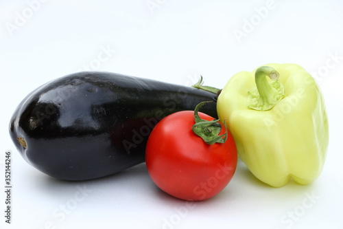 
eggplant, tomato and pepper