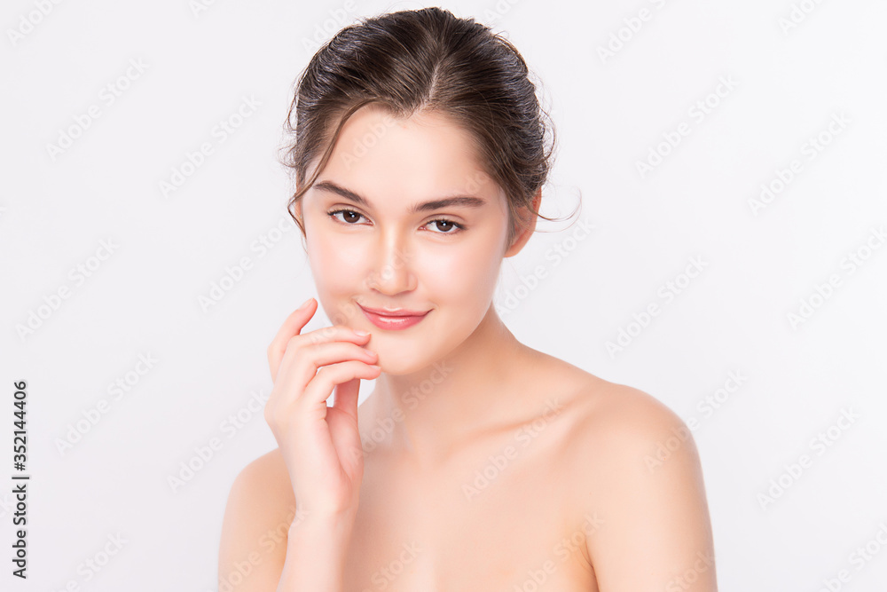 Beautiful Young Woman touching her clean face with fresh Healthy Skin, isolated on white background, Beauty Cosmetics and Facial treatment Concept. Beautiful Young Woman touching her clean face with fresh Healthy Skin, isolated on white background, Beauty Cosmetics and Facial treatment Concept.