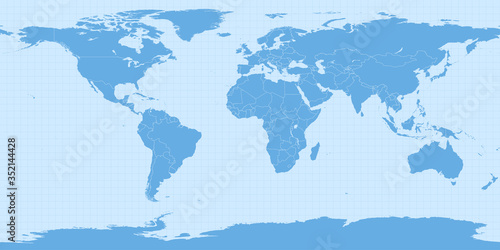 World map in equirectangular projection  equidistant cylindrical projection  geographic projection  EPSG 4326 . Detailed vector Earth map with countries    borders and 5-degree grid.