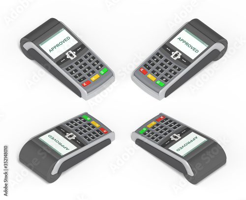 POS payment terminal and a screen with awriting APPROVED on it. Checkout equipment. Money transactions. Revenue. Isolated on white background. 3d rendering.