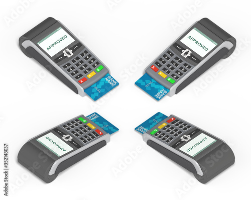 POS payment terminal with a generic plastic card inside and a screen with awriting APPROVED on it. Checkout equipment. Money transactions. Revenue. Isolated on white background. 3d rendering.