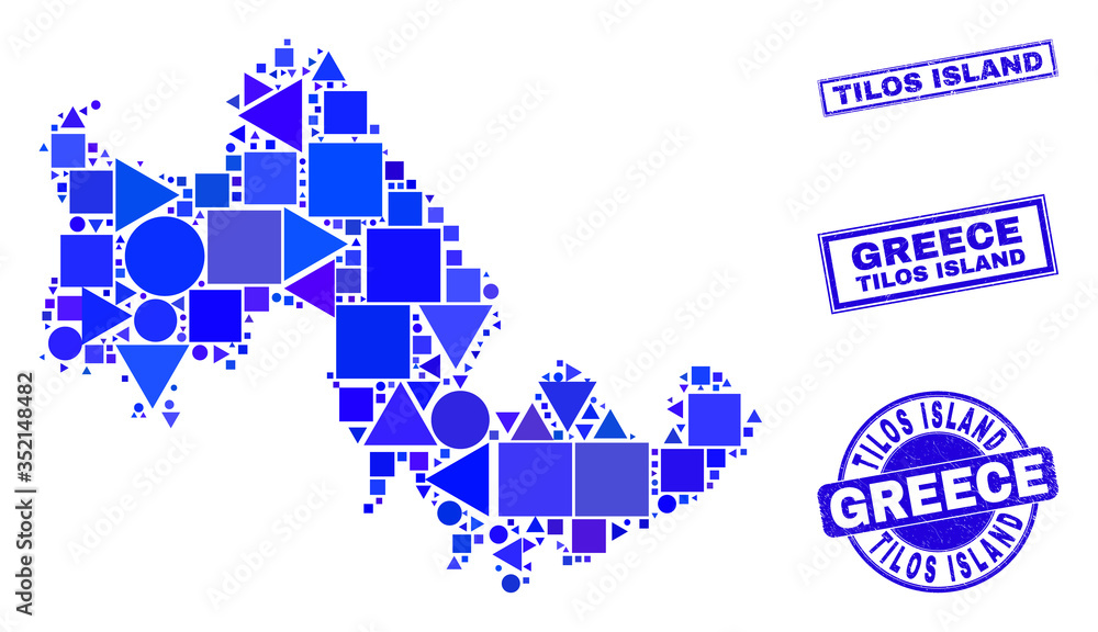 Vector mosaic Tilos Island map. Geographic scheme in blue color shades, and dirty round and rectangle seals. Abstract composition of Tilos Island map constructed of round, tringle, Vector mosaic Tilos Island map. Geographic scheme in blue color shades, and dirty round and rectangle seals. Abstract composition of Tilos Island map constructed of round, tringle,