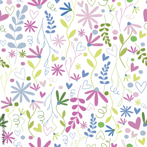 Floral Seamless repeat pattern in vector. Retro flowers  birds  hearts  plats and other elements. Spring girly design. 