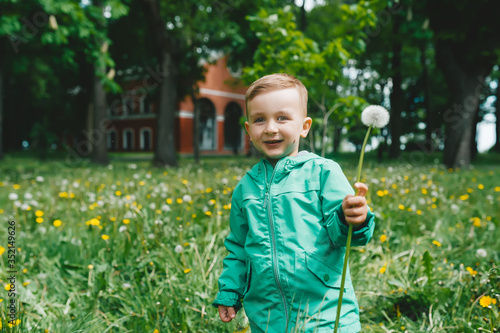 Cute little boy in green jacket on the meadow in summer day.