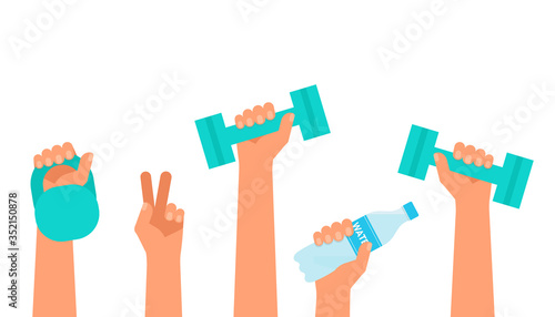 Hands hold dumbbell, weight and bottle water. Time for sports during quarantine and isolation of house. Sport, healthy lifestyle, activity, gym, workout, recreation concept. Vector flat