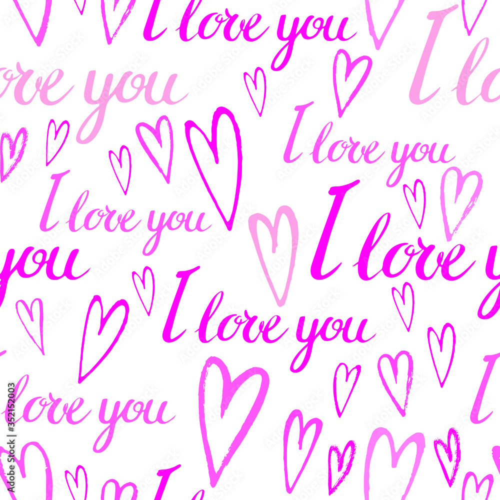 Vector seamless pattern : phrase I love you and simple hand drawn pink hearts. Tender , romantic design for wedding or saint valentine decor textile, fabric, wrappintg paper, card, invitation Vector seamless pattern : phrase I love you and simple hand drawn pink hearts. Tender , romantic design for wedding or saint valentine decor textile, fabric, wrappintg paper, card, invitation