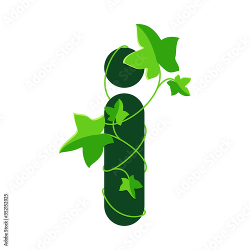 Vector letter I with green leaves. Green letter