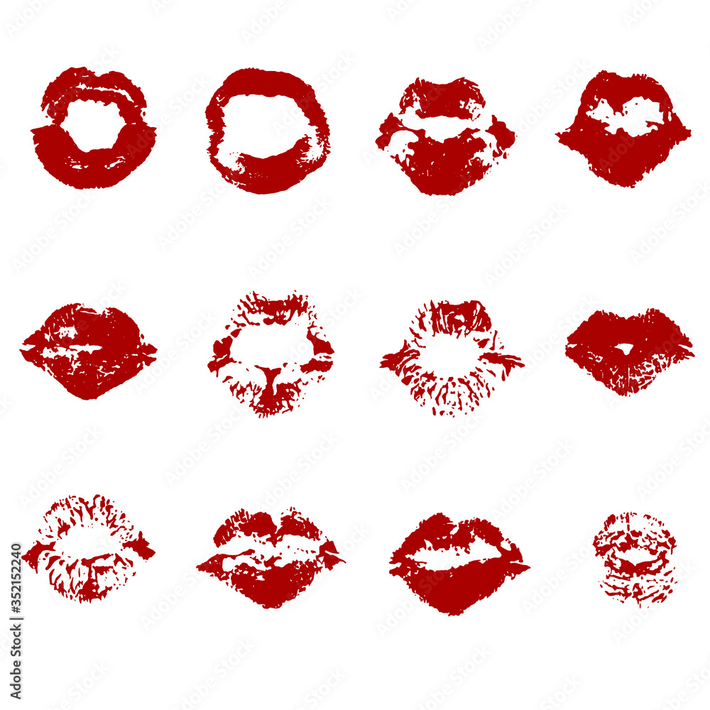 Vector set with deeply red color lipstic prints. Isolated on white ...