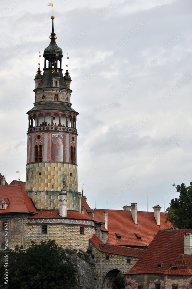 View of the ancient castle tower in the historic city of Cesky Krumlov.
