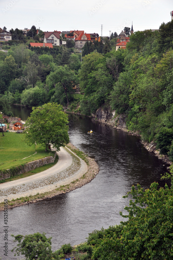 A bend and a fragment of the embankment of the Vltava River in the historical part of Cesky Krumlov.