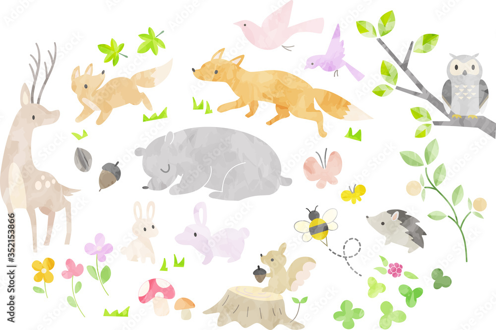 絵本風の森の動物のイラストセット Stock Vector Adobe Stock