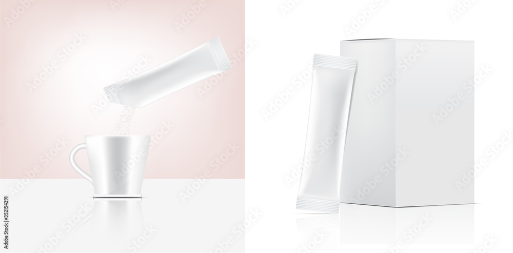 3D Glossy Stick sachet mockup and Pour Powder to Cup of water with paper box isolated on white background. Vector illustration. Food and beverage Packaging concept design. 3D Glossy Stick sachet mockup and Pour Powder to Cup of water with paper box isolated on white background. Vector illustration. Food and beverage Packaging concept design.