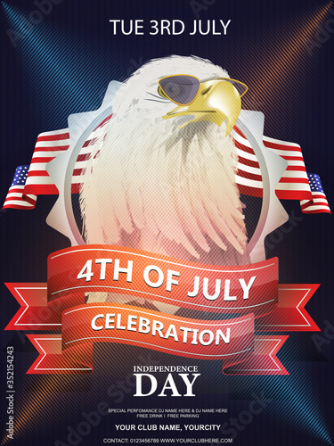 Vector flyer, banner or poster with American bald eagle in sunglasses against American flag. Independence day of the USA 4th July. EPS 10