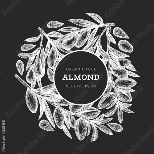Hand drawn sketch almond design template. Organic food vector illustration on chalk board. Vintage nut illustration. Engraved style botanical background.