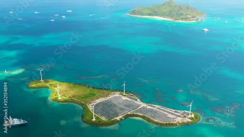 Solar farm on Romainville Island at Seychelles. View from above. 4k footage photo