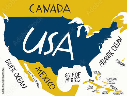 Vector hand drawn stylized map of The United States of America. Travel illustration of USA with neighboring countries and waters. Hand drawn lettering illustration. North America map element