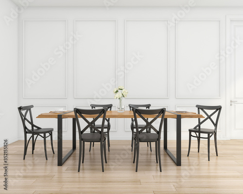 Modern dining room with loft table and chair , white pattern wall .3D rendering