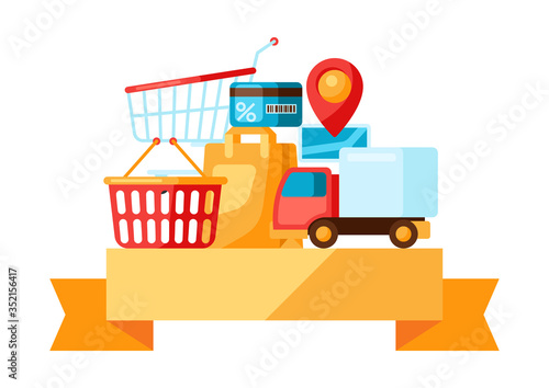 Supermarket background with selfservice and delivery icons.