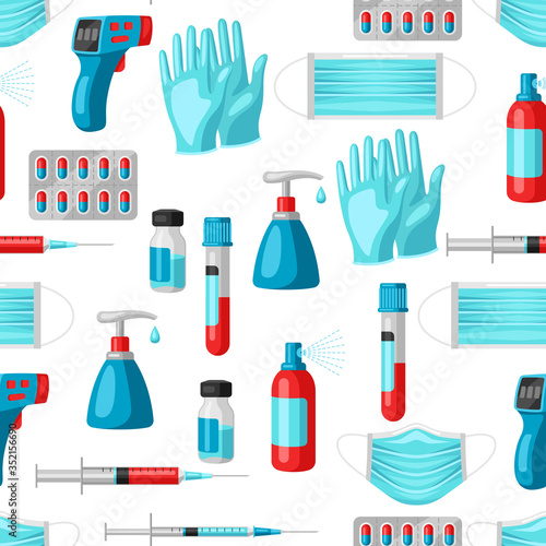 Seamless pattern with medical equipment and protection.