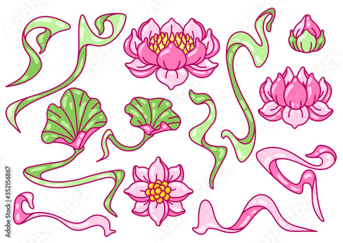 Set of lotus flowers. Art Nouveau vintage style.
