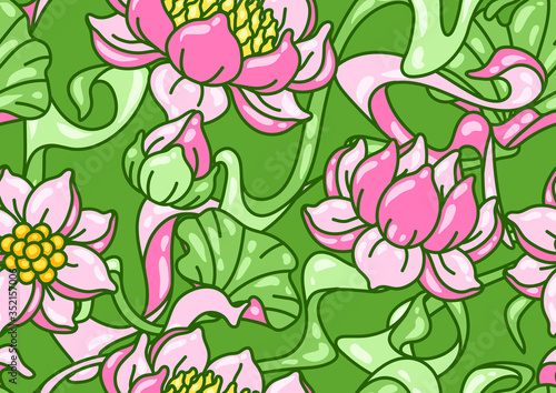 Seamless pattern with lotus flowers. Art Nouveau vintage style.