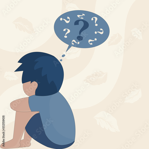 Unhappy boy sitting and hugging knees pondering the concept of supporting and caring for people under the concept of depression, stress. Vector illustration flat isolated on dry leaves background.