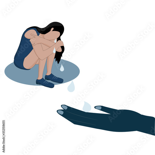 Human hand helps a lonely, sad woman who has to get rid of depression. A girl with depression is not happy, Sitting and hugging his knees. The concept of supporting and caring for people under stress.