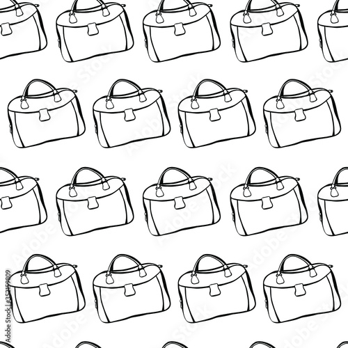 Travelling mood - seamless hand drawn pattern with carpetbag. Monochrome print with  bags are isolated on white background in chaotic rows. Illustration for tourism, transportation, buy nothing day.