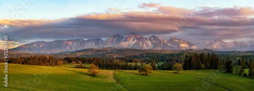 Beautiful spring sunset at Tatra mountains in Poland - panorama