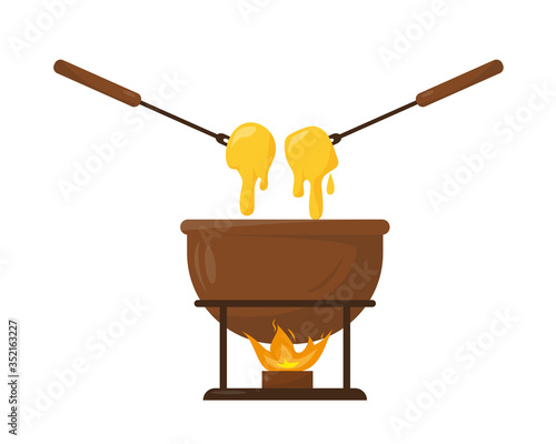 Cheese fondue in ceramic bowl with fire. photo