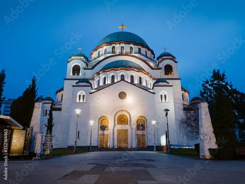 Church of Saint Sava or Saint Sava Temple (Hram Svetog Save) on the Vracar plateau in Belgrade, Serbia, at night. It is largest serbian orthodox temple and largest orthodox temple on balkan.