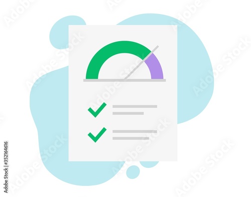 Credit score rank report check paper document or financial loan personal history verify and good data assessment vector flat, finance rating form or investigation statistics record icon