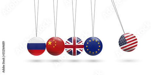 Pendulum of spheres with the flag. USA political and economy conflict with European Union, Great Britain, Russia and China concept.
