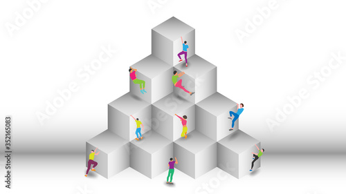 Concept and idea man and woman to climb and go to high of cubic tower for competition. Vector EPS10