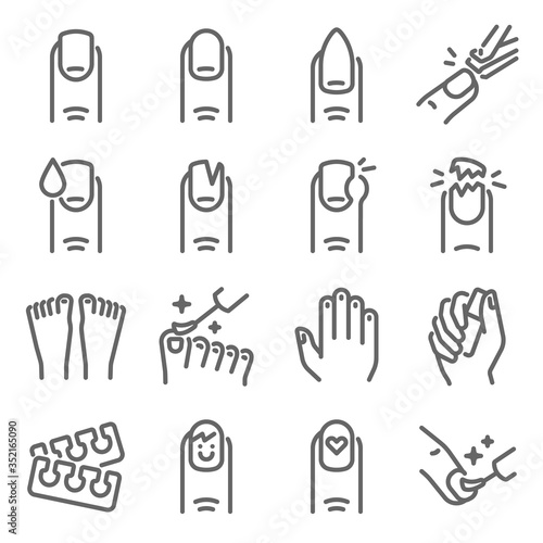Nail manicure icon set vector illustration. Contains such icon as nail care, finger, toe separator, coat, glaze, paint, acrylic nails polish, and more. Expanded Stroke