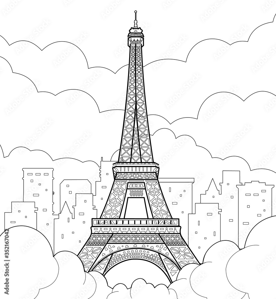 Fototapeta premium Eiffel Tower in Paris. Linear hand drawing. Vector line illustration.