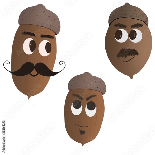 illustration of funny acorns on a white background. funny acorns. children's illustrations. acorns with a face. acorns with mustache