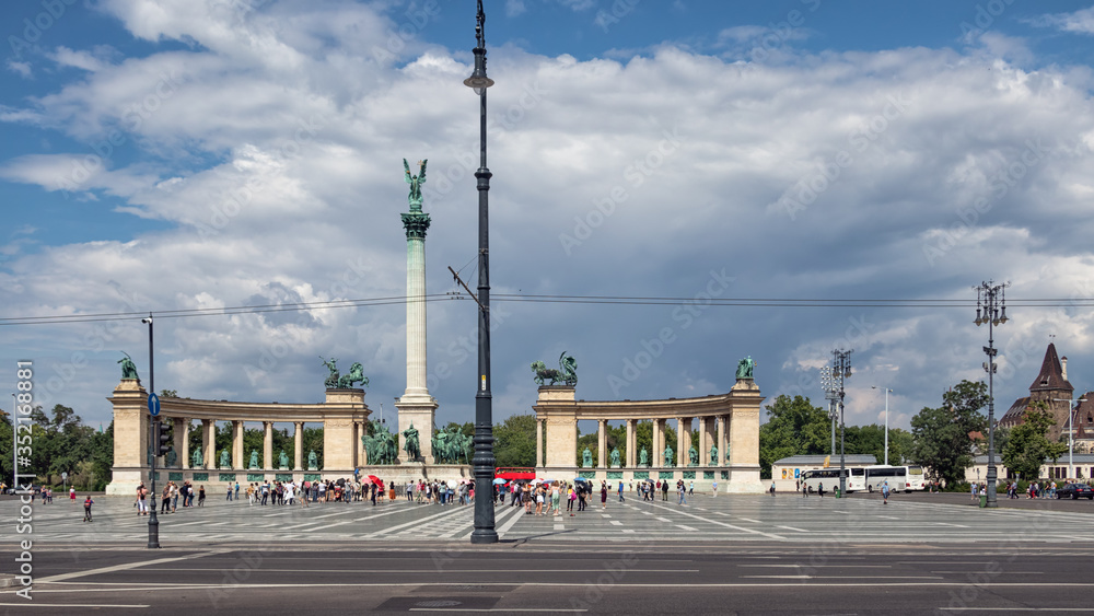 Heroes square with monuments and visiting people in Budapest, Hungary