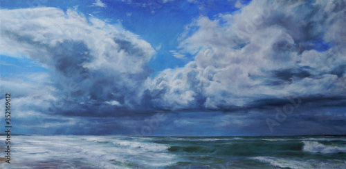 sea storm and cloudy sky - nature shore scene oil painting with detailed canvas texture