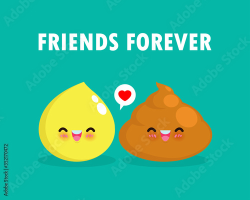 Cute happy poop and urine drop funny Cartoon character. Image smile cartoon urinating and shit. best friends emoji poop and toilet  Isolated on background vector Illustration in flat