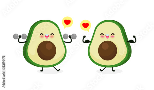 Cute happy avocado doing exercises with dumbbells and avocado show muscle. Eating healthy food and fitness, Funny fruit character sport concept isolated on white background vector illustration