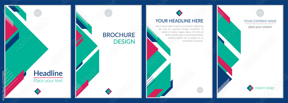 Set of vector templates for creating brochures, flyers, banners, advertisements. Minimalistic design, green, blue, ruby colors. Geometry, rhombuses, triangles. Place for text. Copyspace. Set of vector templates for creating brochures, flyers, banners, advertisements. Minimalistic design, green, blue, ruby colors. Geometry, rhombuses, triangles. Place for text. Copyspace.