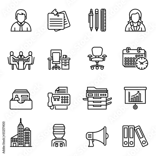 Workplace and Office icon set with white background. Thin line style stock vector.