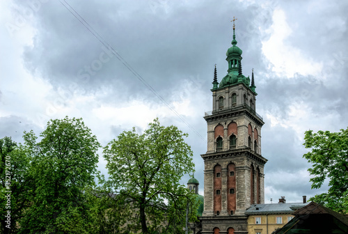 Kornyakt Tower, spire of the bell tower of the Assumption Church in Lviv, Ukraine