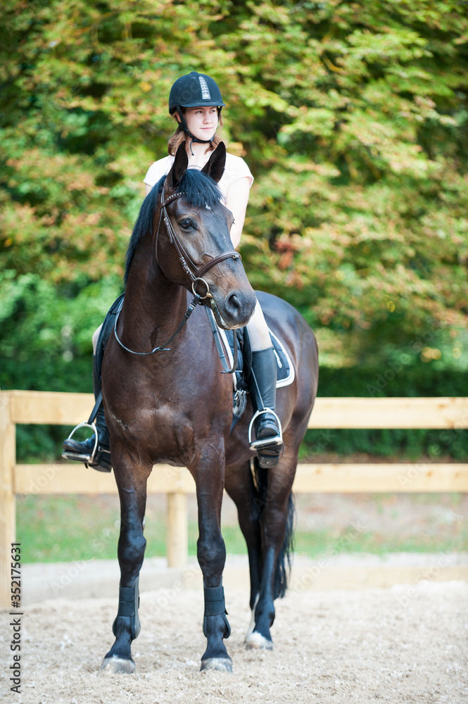 Young girl riding horseback at early morning in sunlight Young girl riding horseback at early morning in sunlight